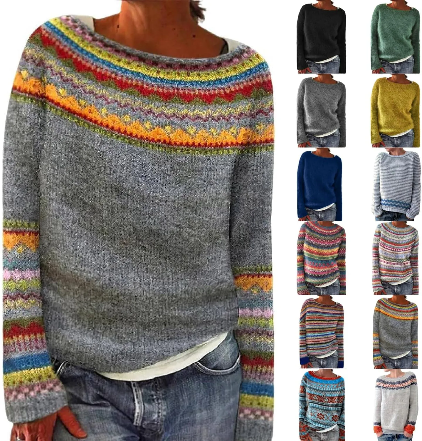 Women's Fair Isle Knitted Sweater Vintage Long Sleeve Boat Neck Retro Lightweight Pullover Top for 2024 Fall Winter