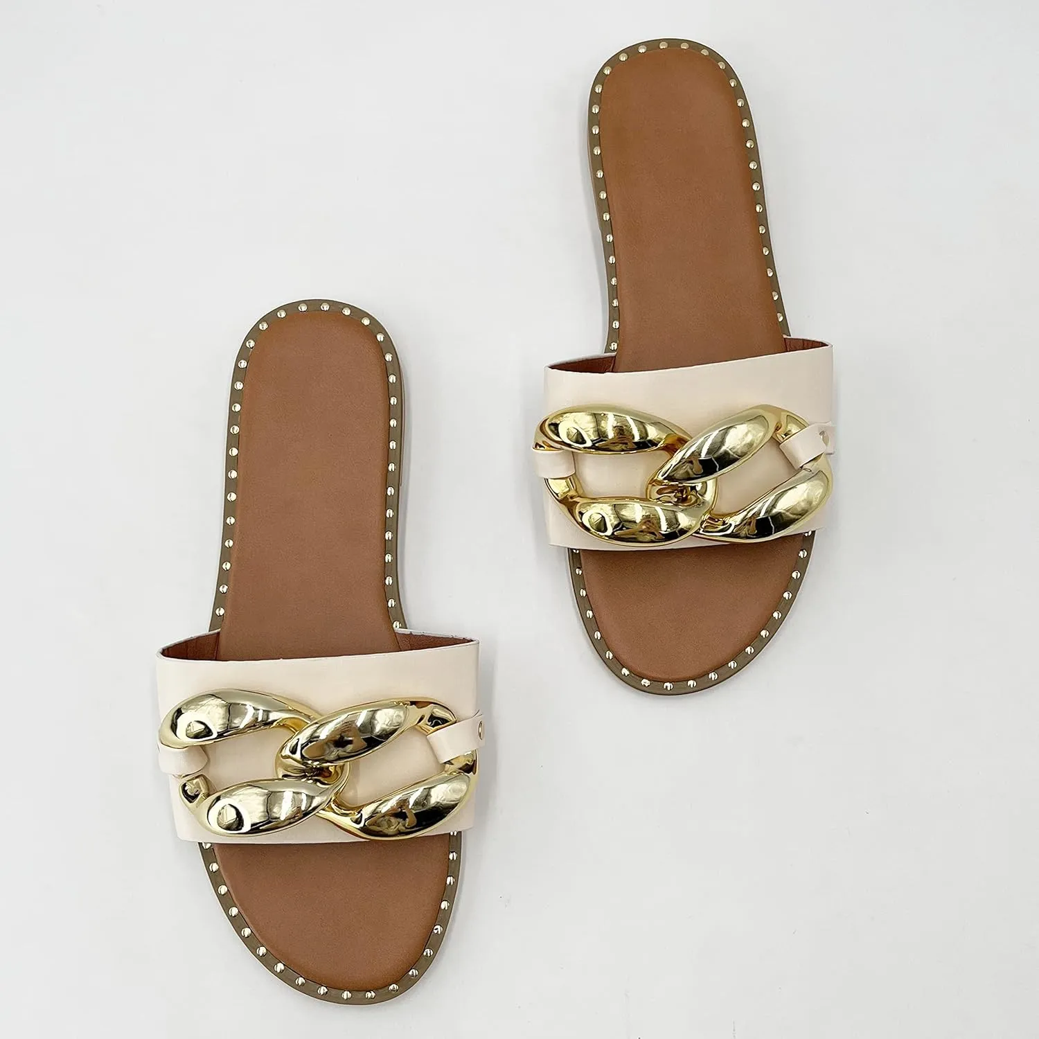 Women's Flat Heels Open Toe Backless Slippers Metallic Chains Slip On Summer Indoor Outdoor Slide Sandals.