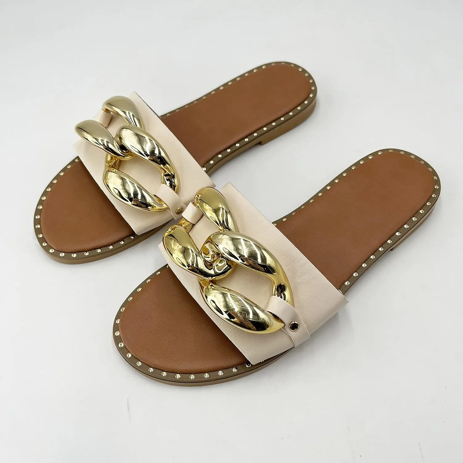 Women's Flat Heels Open Toe Backless Slippers Metallic Chains Slip On Summer Indoor Outdoor Slide Sandals.