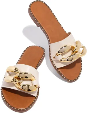 Women's Flat Heels Open Toe Backless Slippers Metallic Chains Slip On Summer Indoor Outdoor Slide Sandals.