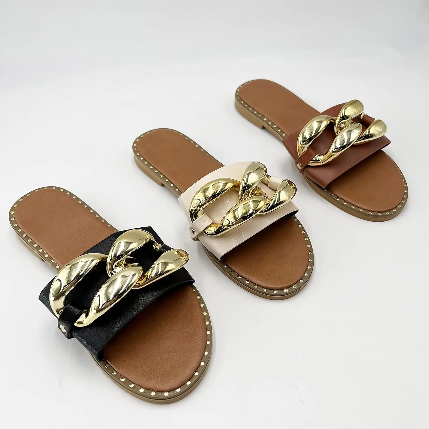 Women's Flat Heels Open Toe Backless Slippers Metallic Chains Slip On Summer Indoor Outdoor Slide Sandals.