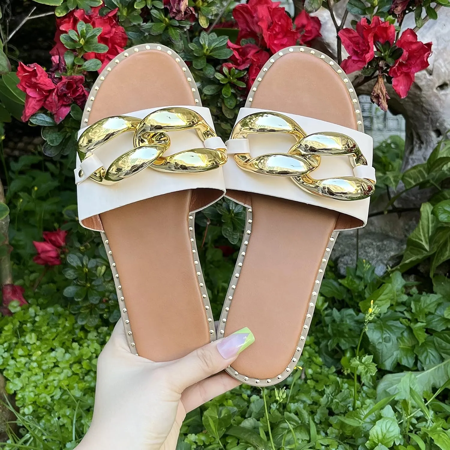 Women's Flat Heels Open Toe Backless Slippers Metallic Chains Slip On Summer Indoor Outdoor Slide Sandals.