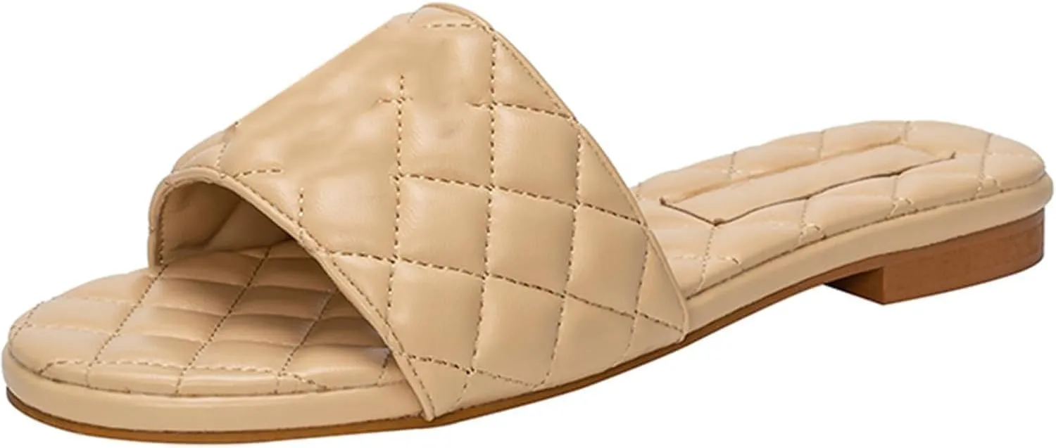 Womens Flat Sandals Summer Slip-On Leather Slide Sandals Raffia Women Slides Open Toe Beach Shoes