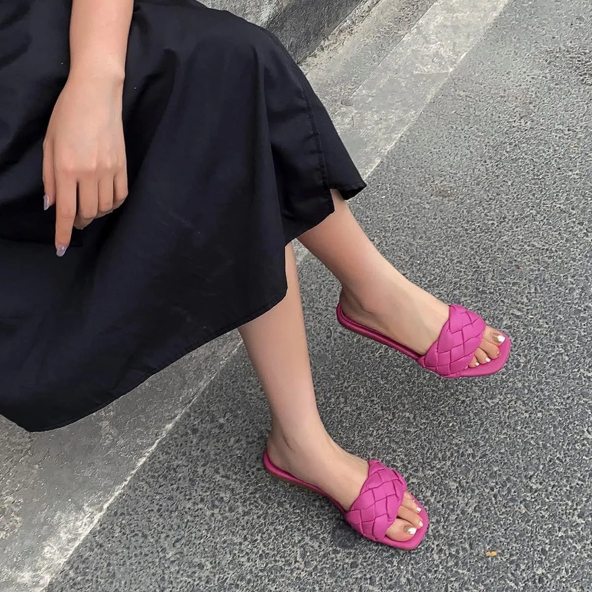 Womens Flat Slide Sandals,nude braided sandals for women,Square Open Toe Slippers Cute Slip On Summer Fashion Shoes Casual.