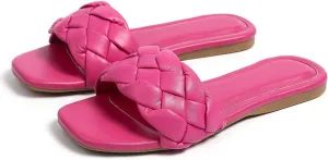 Womens Flat Slide Sandals,nude braided sandals for women,Square Open Toe Slippers Cute Slip On Summer Fashion Shoes Casual.