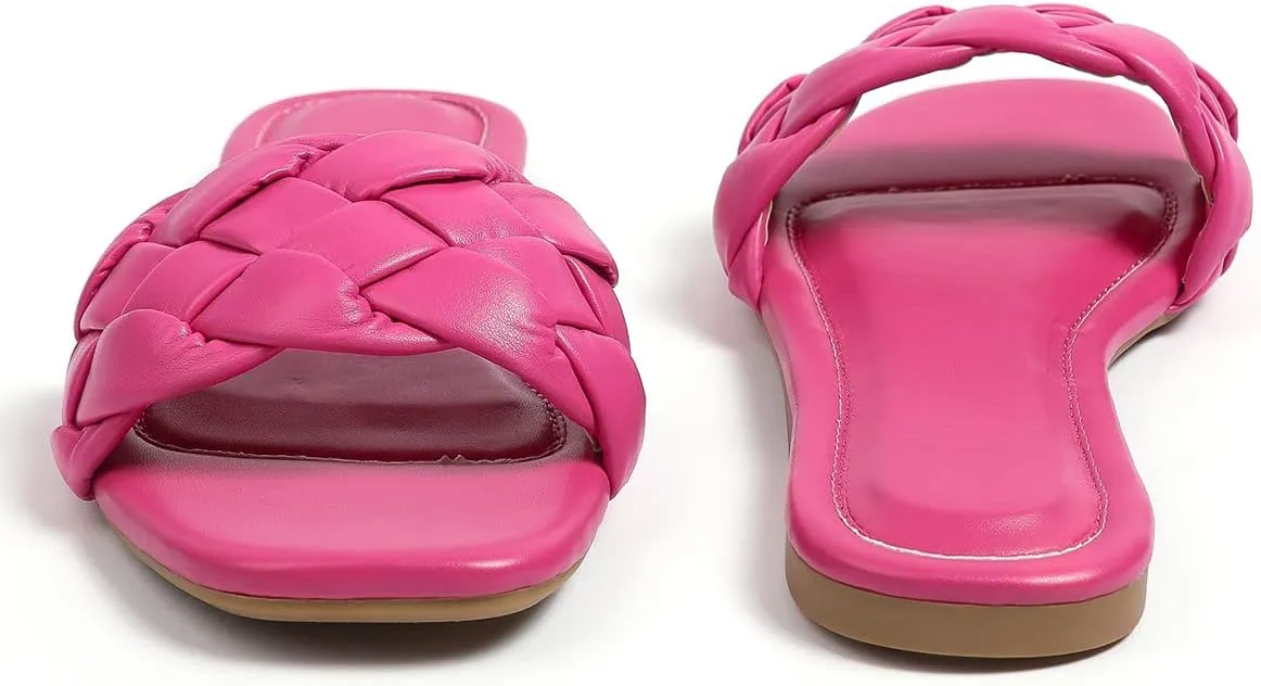 Womens Flat Slide Sandals,nude braided sandals for women,Square Open Toe Slippers Cute Slip On Summer Fashion Shoes Casual.