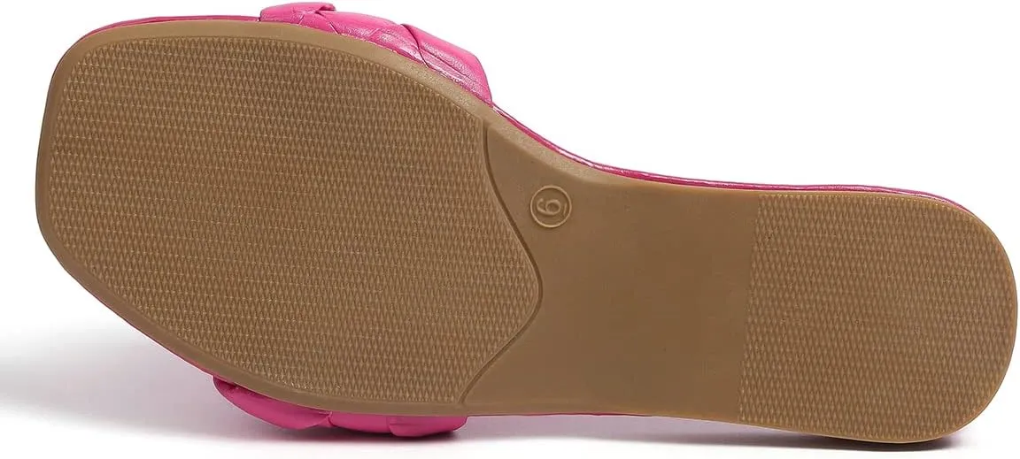 Womens Flat Slide Sandals,nude braided sandals for women,Square Open Toe Slippers Cute Slip On Summer Fashion Shoes Casual.