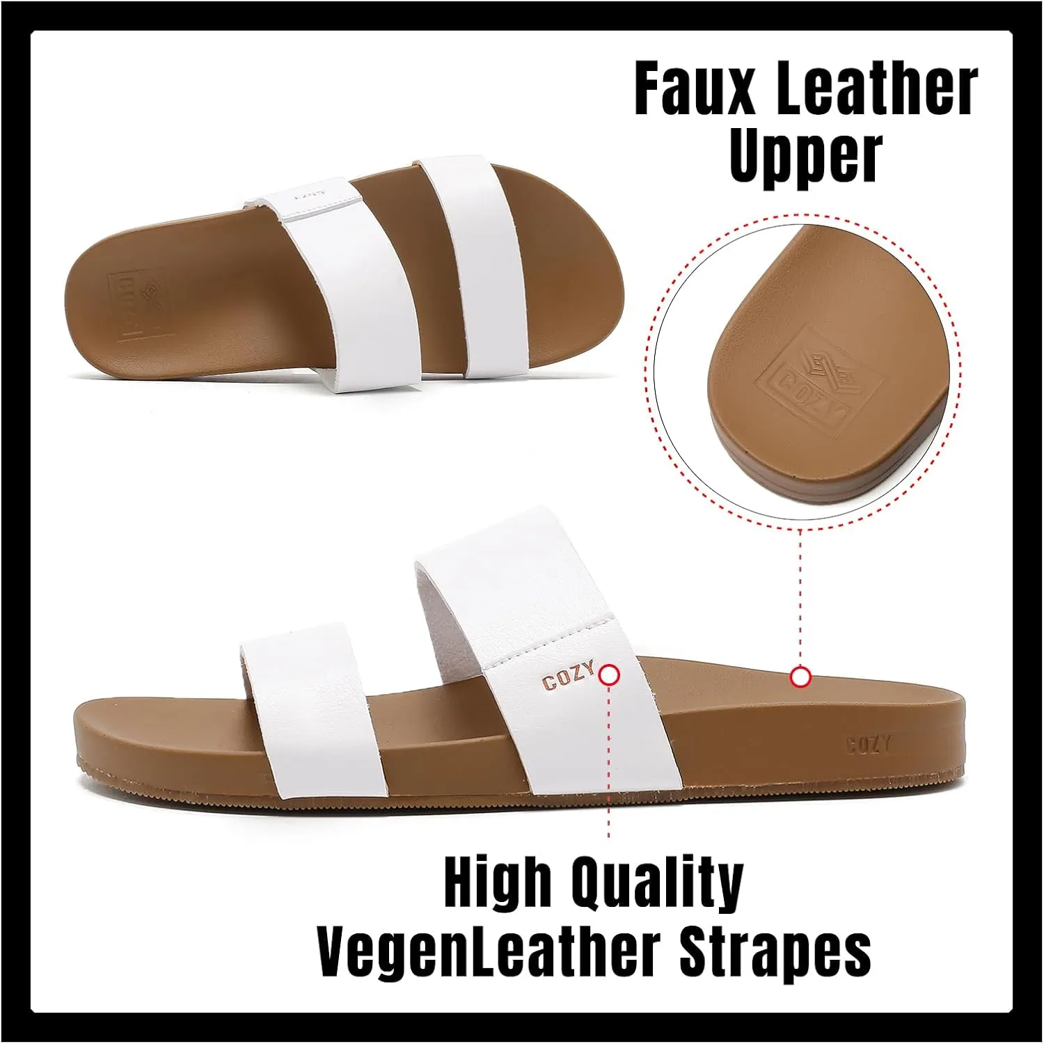 Women's Flat Slides Sandals, Two Strap & Non-Slip Vegan Leather Beach Slides,Stylish Summer Sandals for Women and Men 2025