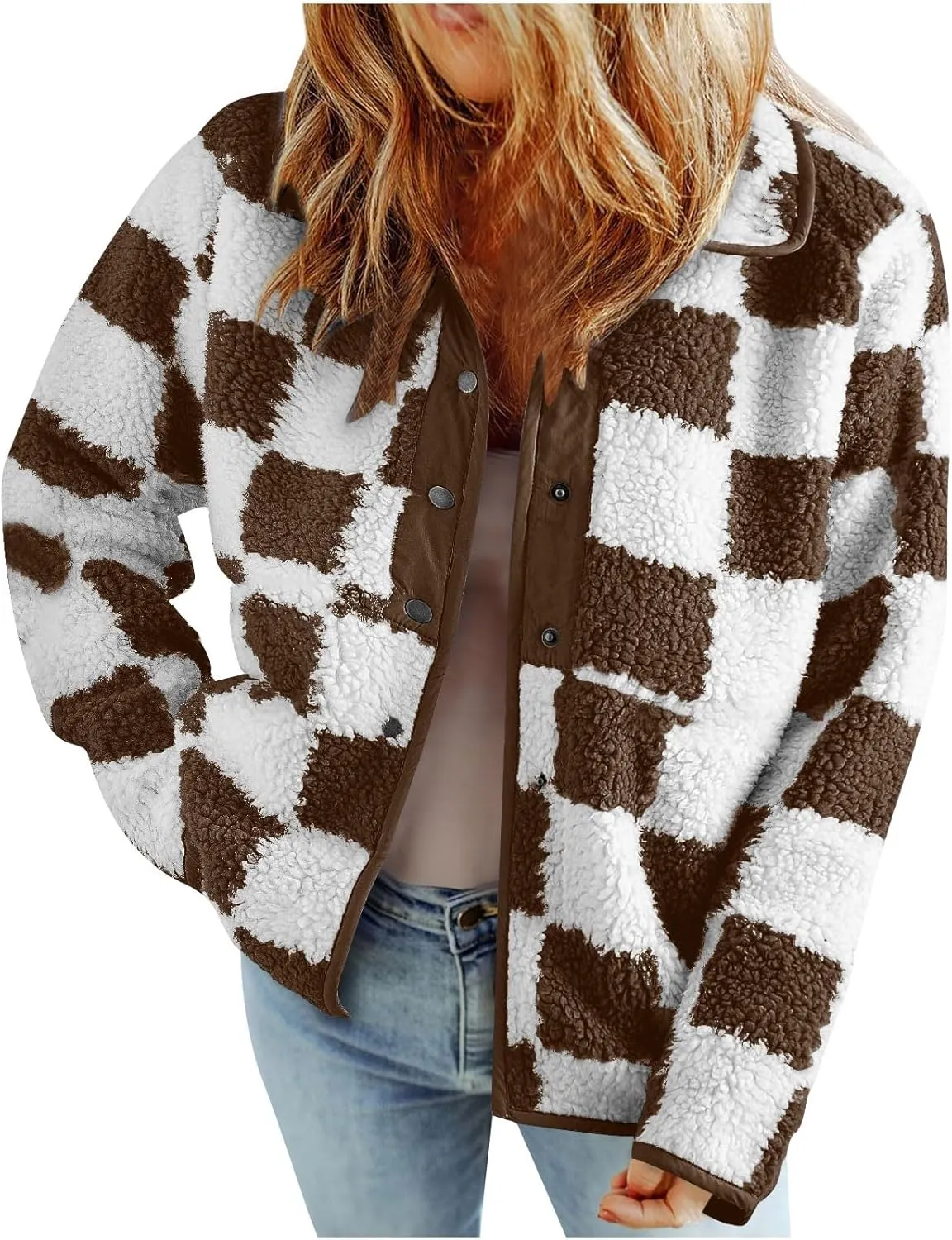 Womens Fleece Jackets Fashion 2024 Plaid Button Down Sherpa Teddy Coat Causal Fall Winter Fuzzy Coats Outwear