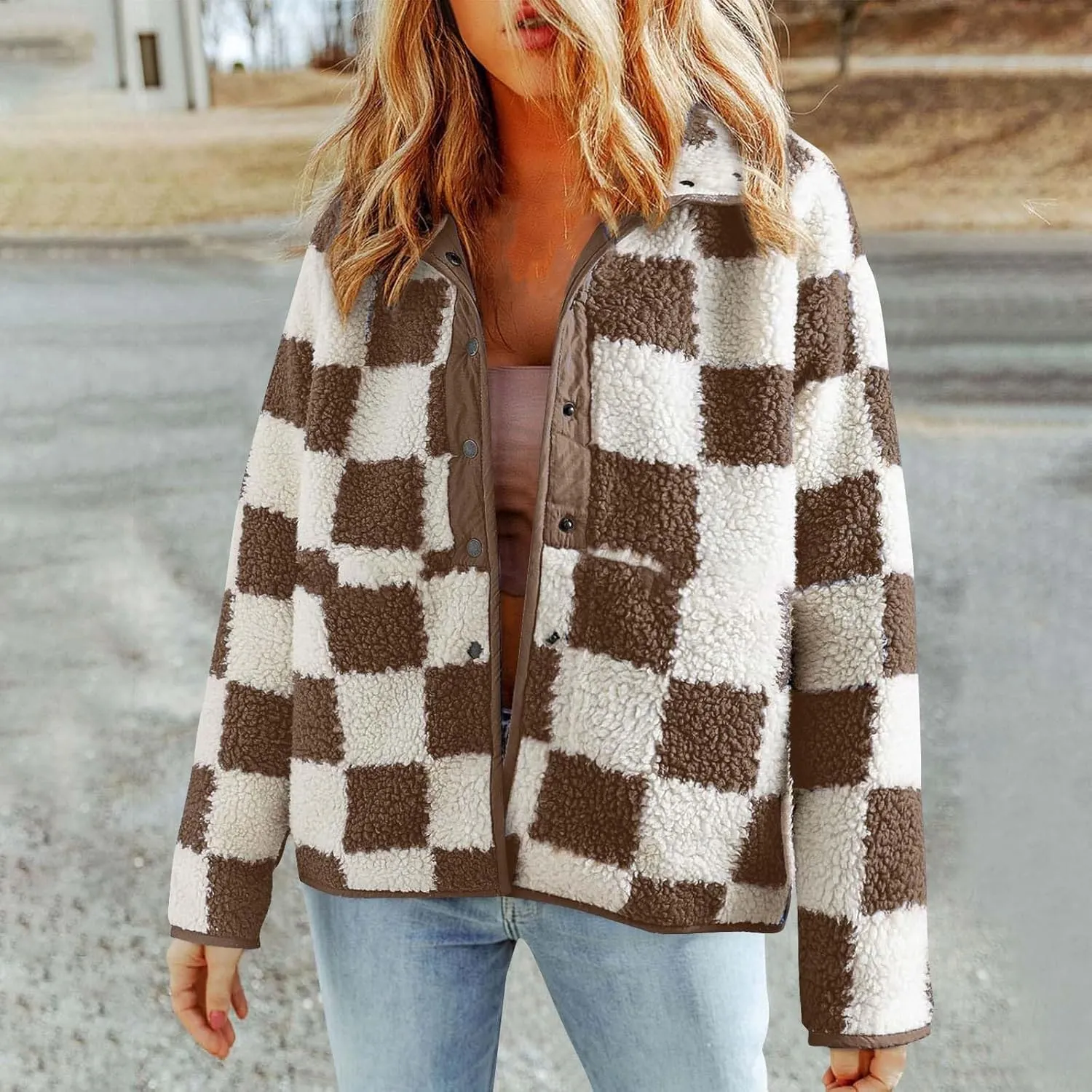 Womens Fleece Jackets Fashion 2024 Plaid Button Down Sherpa Teddy Coat Causal Fall Winter Fuzzy Coats Outwear