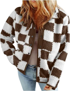 Womens Fleece Jackets Fashion 2024 Plaid Button Down Sherpa Teddy Coat Causal Fall Winter Fuzzy Coats Outwear
