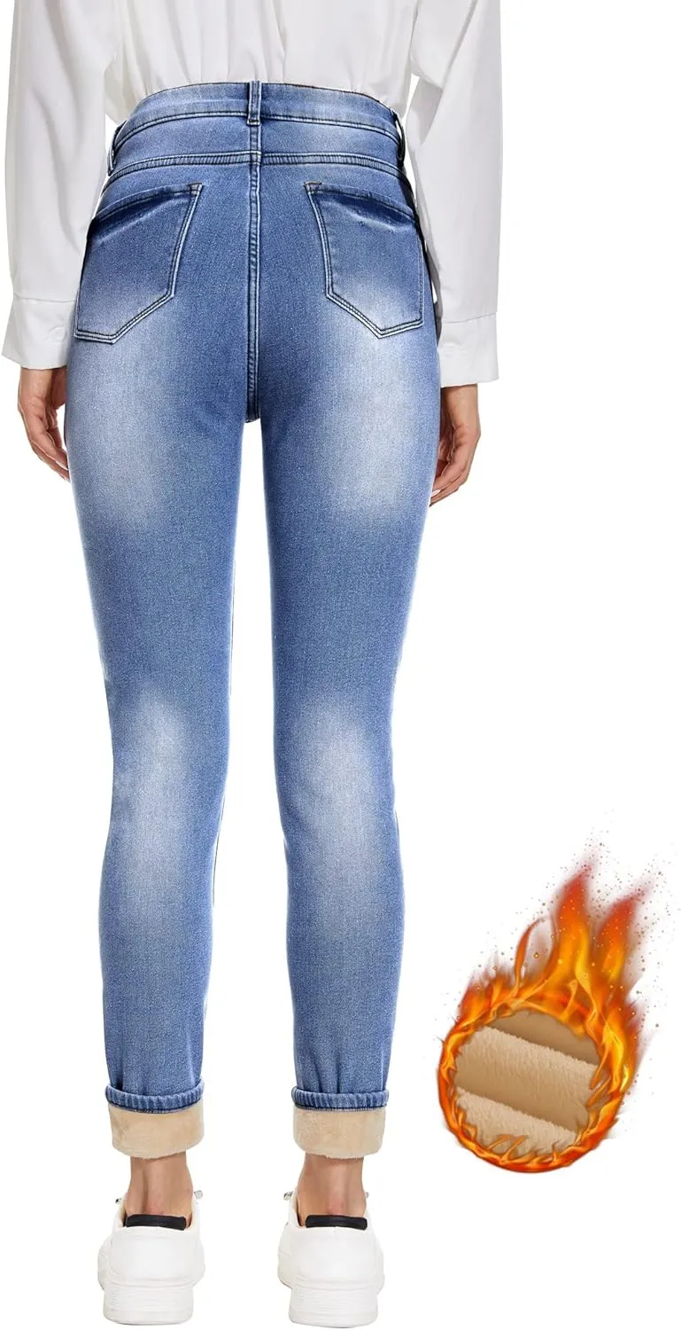 Women's Fleece Lined Jeans Thicken High Waisted Skinny Stretch Jeans for Women Winter Warm Flannel Lined Butt Lift Jeans