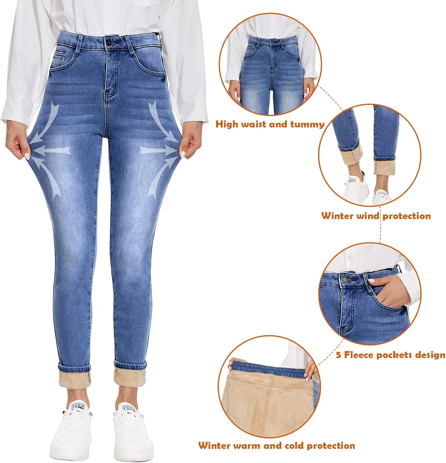 Women's Fleece Lined Jeans Thicken High Waisted Skinny Stretch Jeans for Women Winter Warm Flannel Lined Butt Lift Jeans