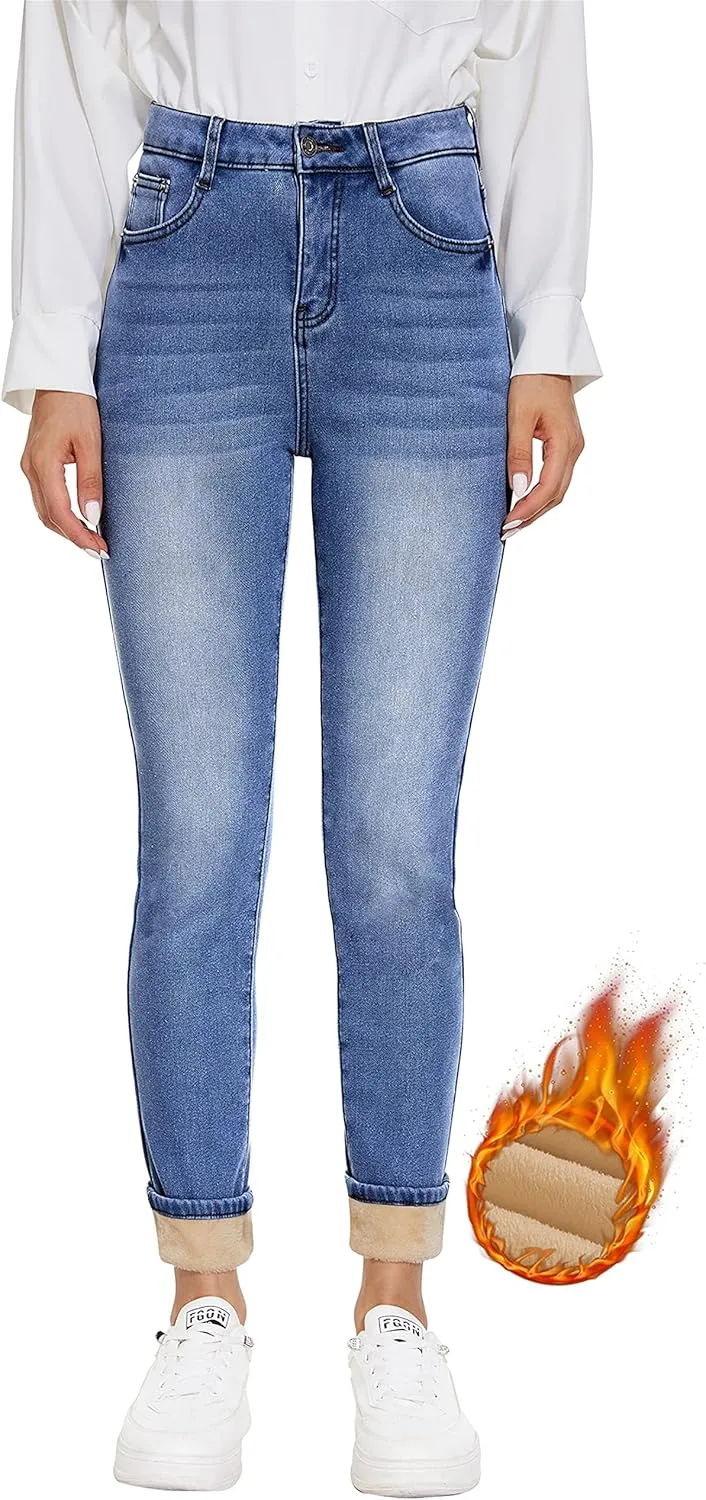 Women's Fleece Lined Jeans Thicken High Waisted Skinny Stretch Jeans for Women Winter Warm Flannel Lined Butt Lift Jeans
