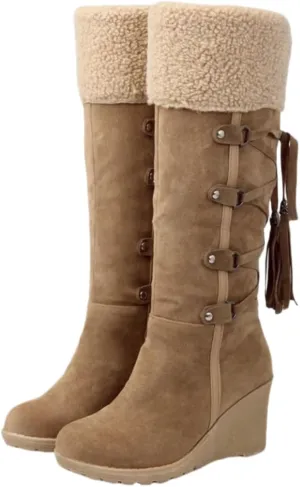 Women's Fleece Wedge Mid Calf Boots, Winter Warm Tassel Decor Suedette Boots, Thermal Outdoor Snow Boots