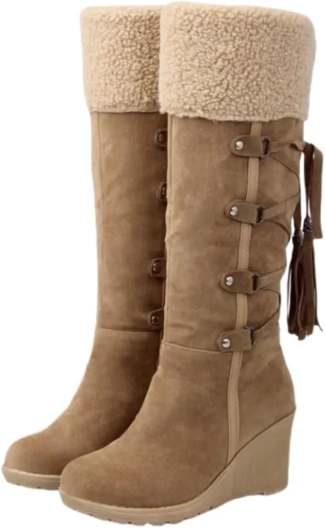 Women's Fleece Wedge Mid Calf Boots, Winter Warm Tassel Decor Suedette Boots, Thermal Outdoor Snow Boots