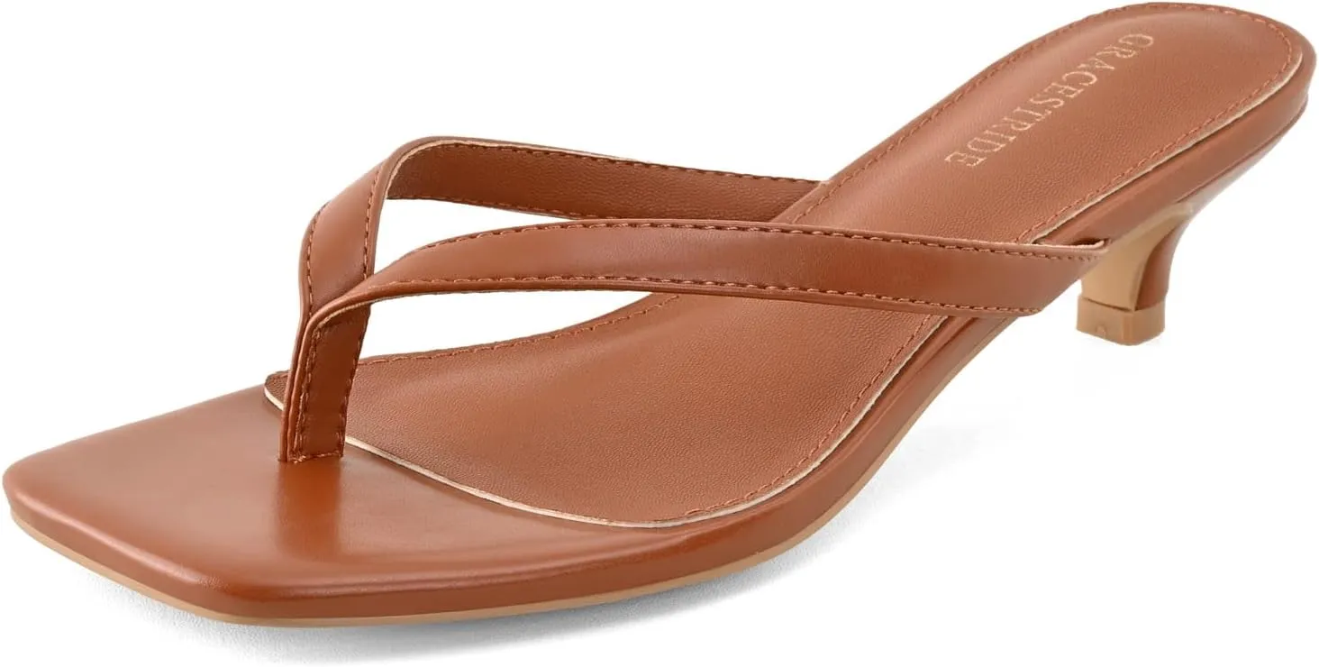 Women’s Flip-Flops Kitten Heels Thong Sandals For Women Square Toe Slip On Fashion Summer Dress Sandals