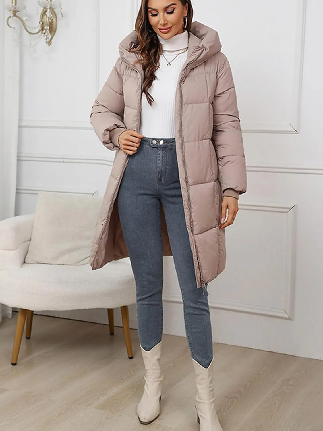 Women's Hooded Long Puffer Coat Winter Warm Full Zip Lightweight Quilted Jacket with Pockets