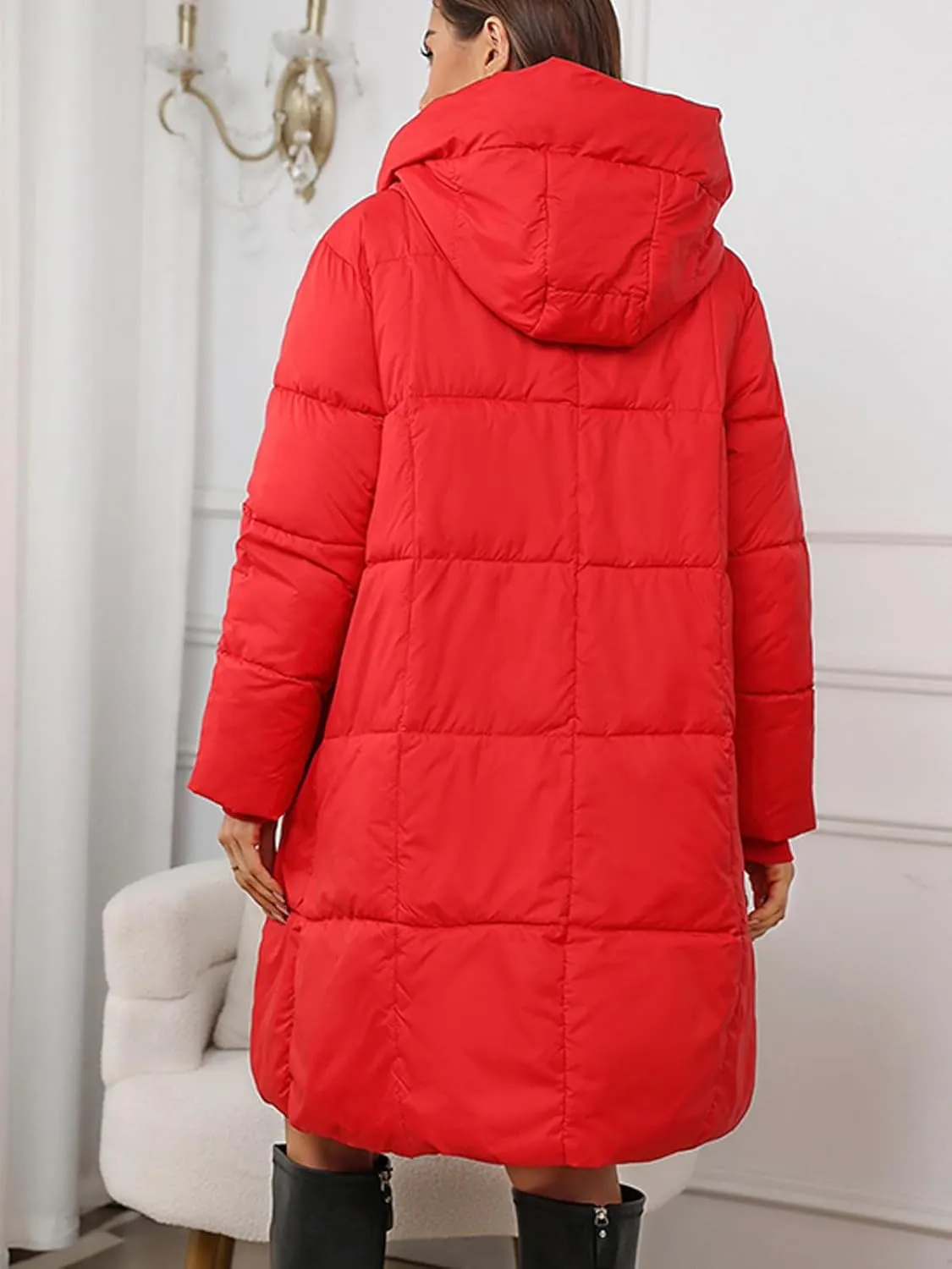 Women's Hooded Long Puffer Coat Winter Warm Full Zip Lightweight Quilted Jacket with Pockets