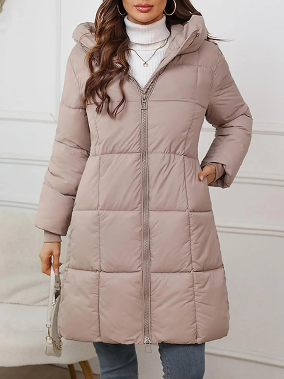 Women's Hooded Long Puffer Coat Winter Warm Full Zip Lightweight Quilted Jacket with Pockets