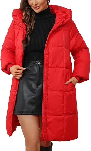 Women's Hooded Long Puffer Coat Winter Warm Full Zip Lightweight Quilted Jacket with Pockets
