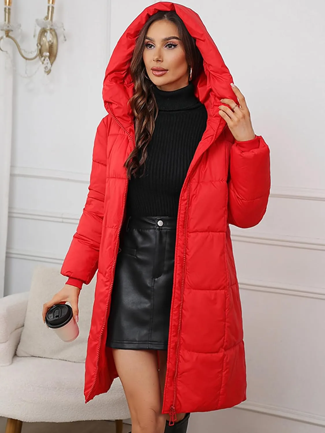 Women's Hooded Long Puffer Coat Winter Warm Full Zip Lightweight Quilted Jacket with Pockets