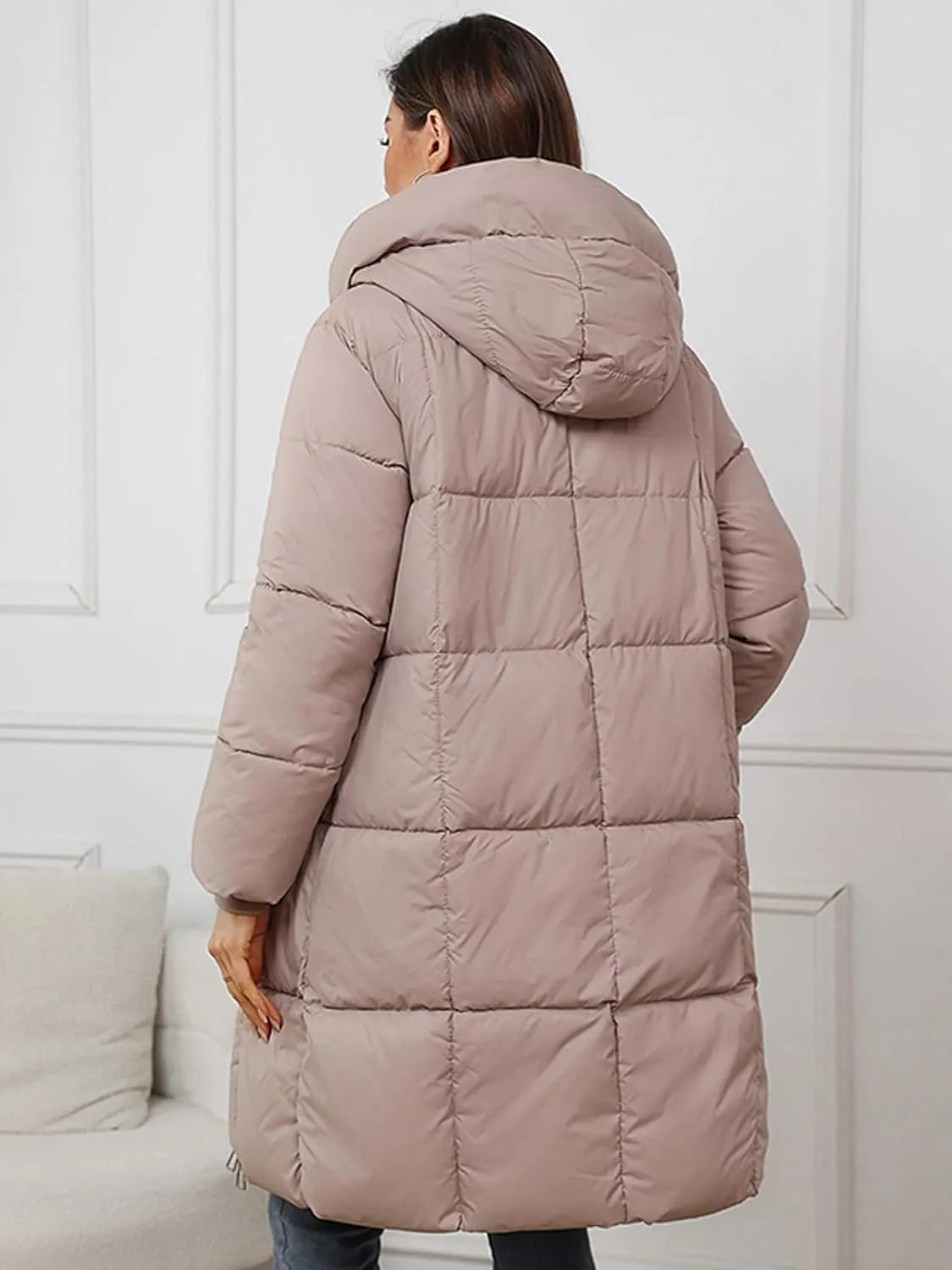 Women's Hooded Long Puffer Coat Winter Warm Full Zip Lightweight Quilted Jacket with Pockets