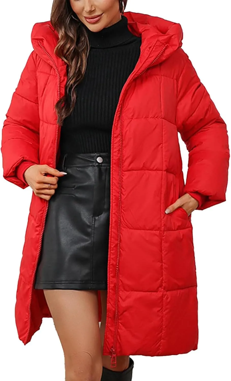 Women's Hooded Long Puffer Coat Winter Warm Full Zip Lightweight Quilted Jacket with Pockets