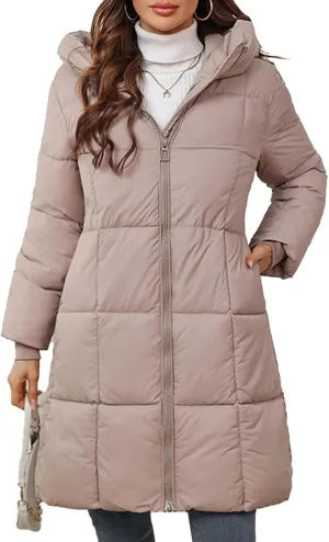 Women's Hooded Long Puffer Coat Winter Warm Full Zip Lightweight Quilted Jacket with Pockets