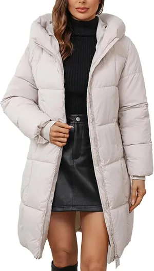 Women's Hooded Long Puffer Coat Winter Warm Full Zip Lightweight Quilted Jacket with Pockets