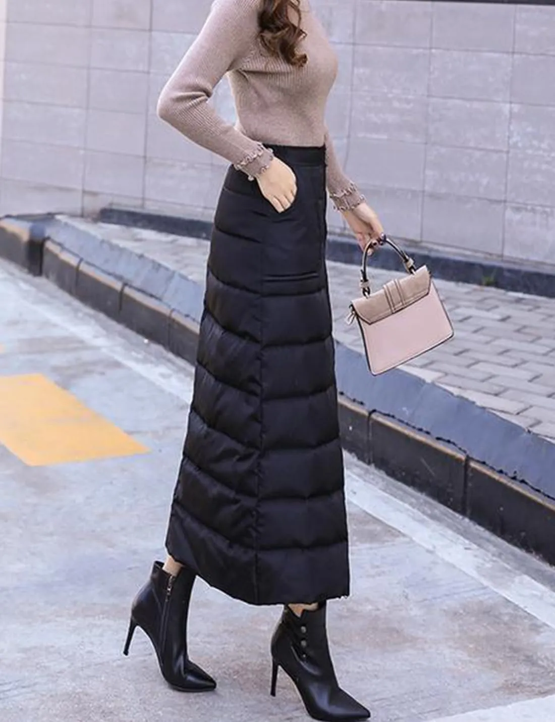 Womens Insulated Down Skirt Winter Warm Zip Front Padded Puffer Quilted Skirt with Pockets