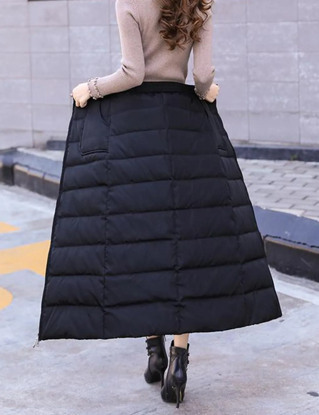 Womens Insulated Down Skirt Winter Warm Zip Front Padded Puffer Quilted Skirt with Pockets