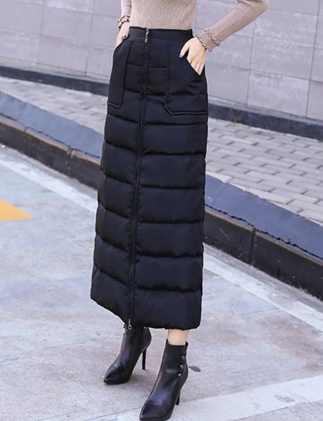 Womens Insulated Down Skirt Winter Warm Zip Front Padded Puffer Quilted Skirt with Pockets