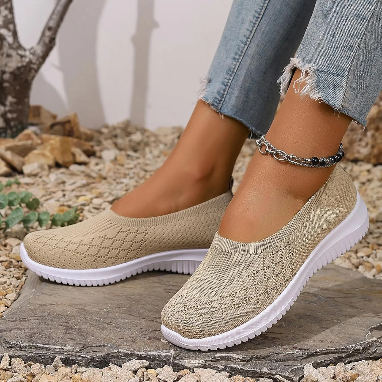 Women’s Knitted Flat Walking Shoes Comfortable Slip On Mesh Lightweight Low Heel Sneakers Casual Soft Gym Nurse Work Mom Loafers