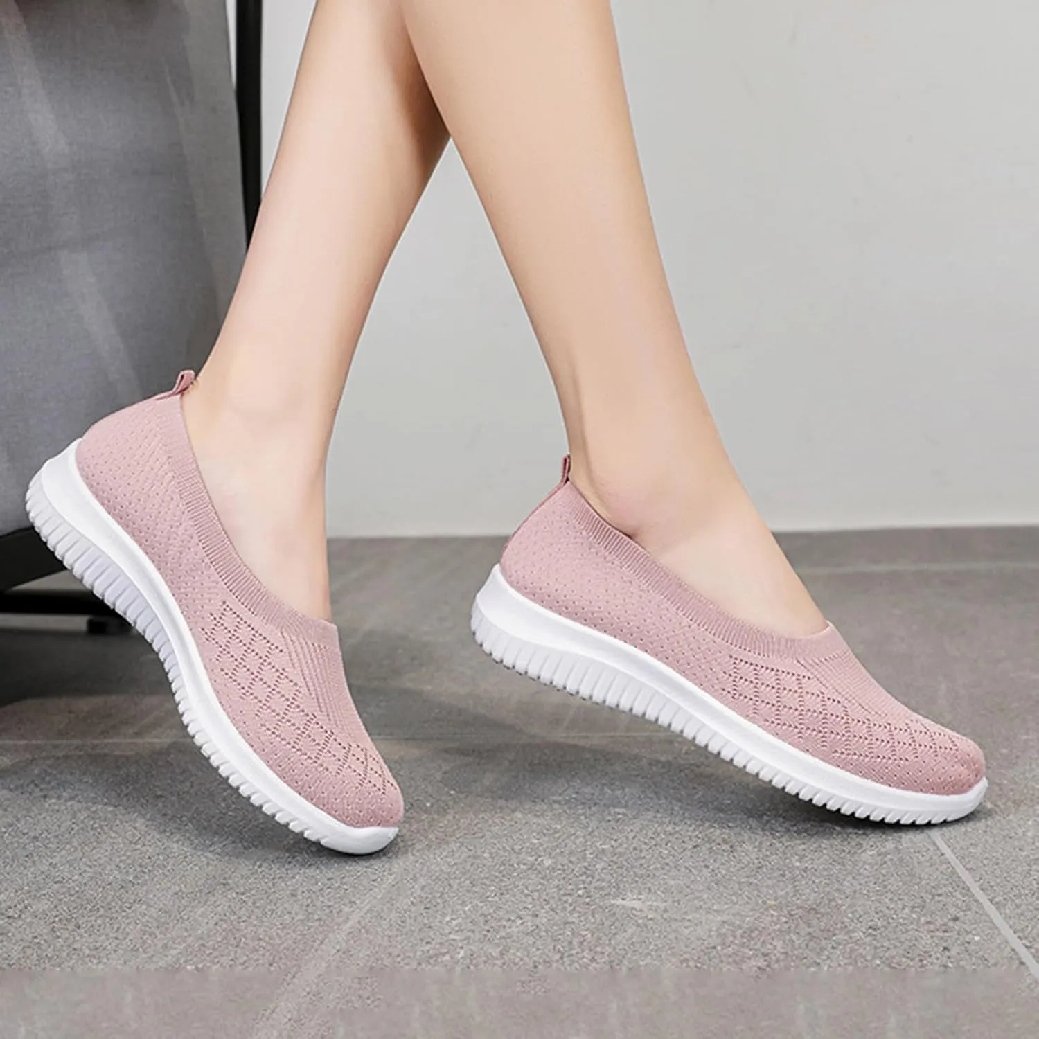 Women’s Knitted Flat Walking Shoes Comfortable Slip On Mesh Lightweight Low Heel Sneakers Casual Soft Gym Nurse Work Mom Loafers