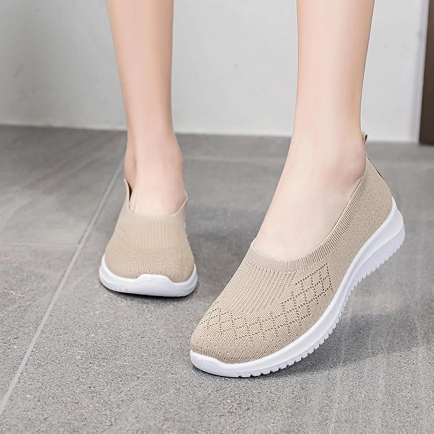 Women’s Knitted Flat Walking Shoes Comfortable Slip On Mesh Lightweight Low Heel Sneakers Casual Soft Gym Nurse Work Mom Loafers