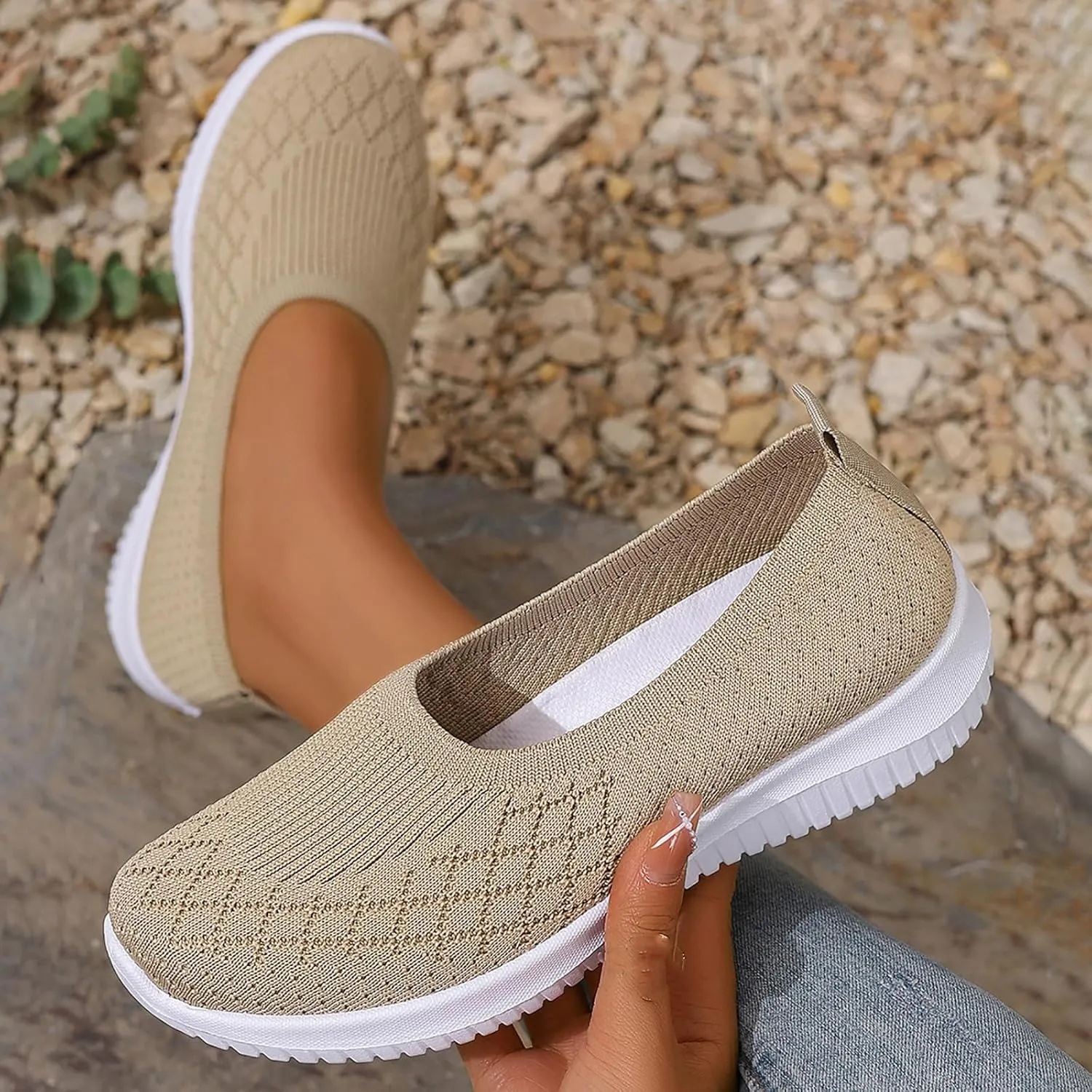Women’s Knitted Flat Walking Shoes Comfortable Slip On Mesh Lightweight Low Heel Sneakers Casual Soft Gym Nurse Work Mom Loafers