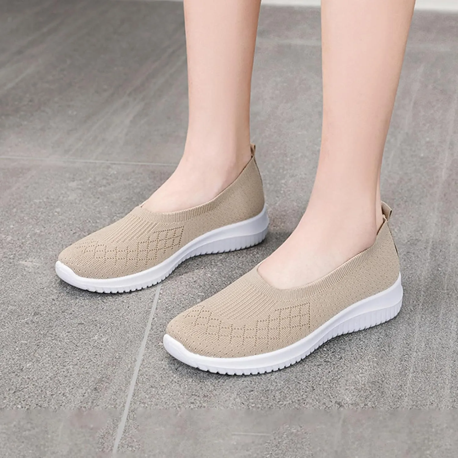 Women’s Knitted Flat Walking Shoes Comfortable Slip On Mesh Lightweight Low Heel Sneakers Casual Soft Gym Nurse Work Mom Loafers