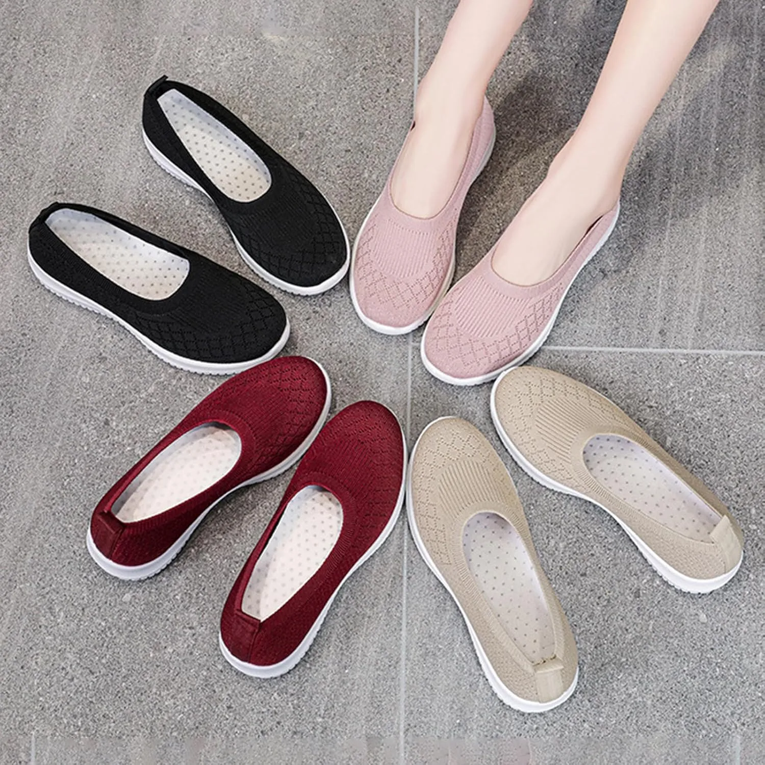 Women’s Knitted Flat Walking Shoes Comfortable Slip On Mesh Lightweight Low Heel Sneakers Casual Soft Gym Nurse Work Mom Loafers