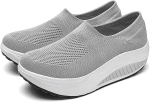 Women's Knitted Platform Slip On Walking Sneakers,Comfort Lightweight Arch Support Non Slip Casual Mesh Breathable Workout Work Shoes