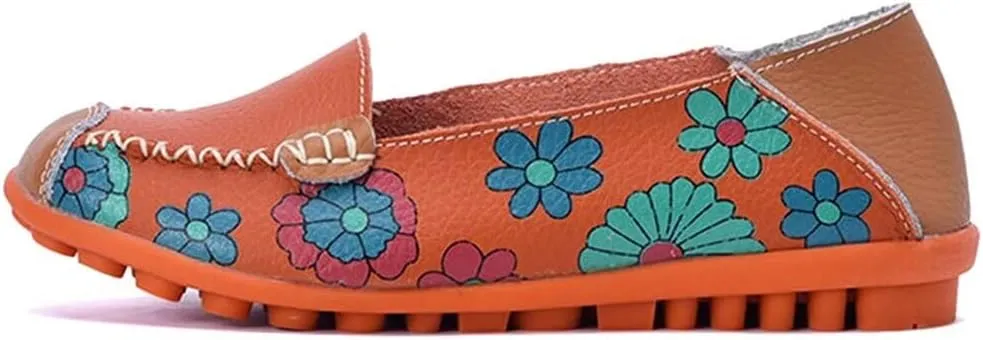 Women's Leather Floral Loafers Flats Shoes Slip-Ons