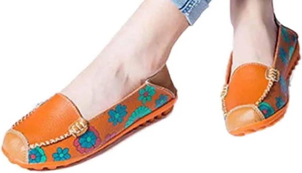 Women's Leather Floral Loafers Flats Shoes Slip-Ons