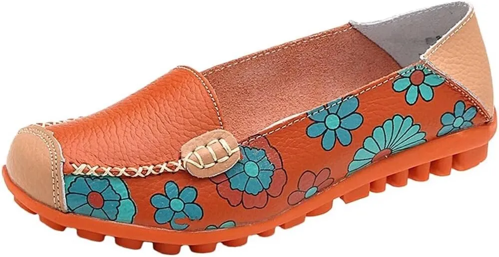 Women's Leather Floral Loafers Flats Shoes Slip-Ons