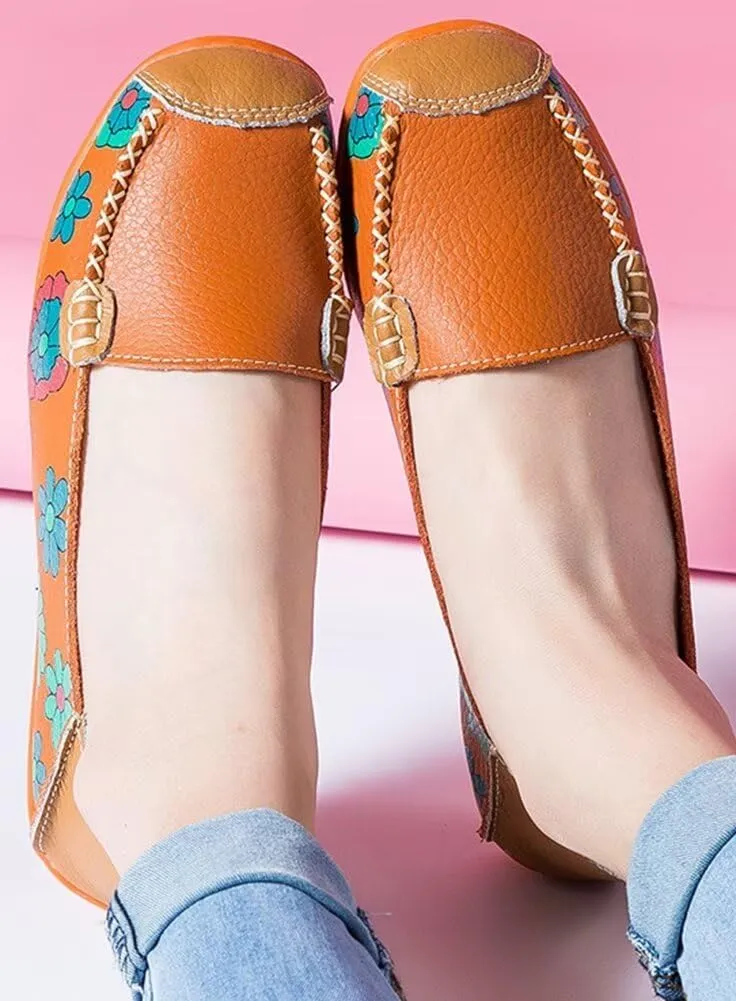 Women's Leather Floral Loafers Flats Shoes Slip-Ons
