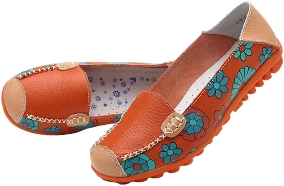 Women's Leather Floral Loafers Flats Shoes Slip-Ons