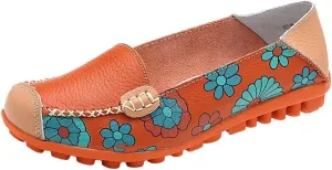 Women's Leather Floral Loafers Flats Shoes Slip-Ons