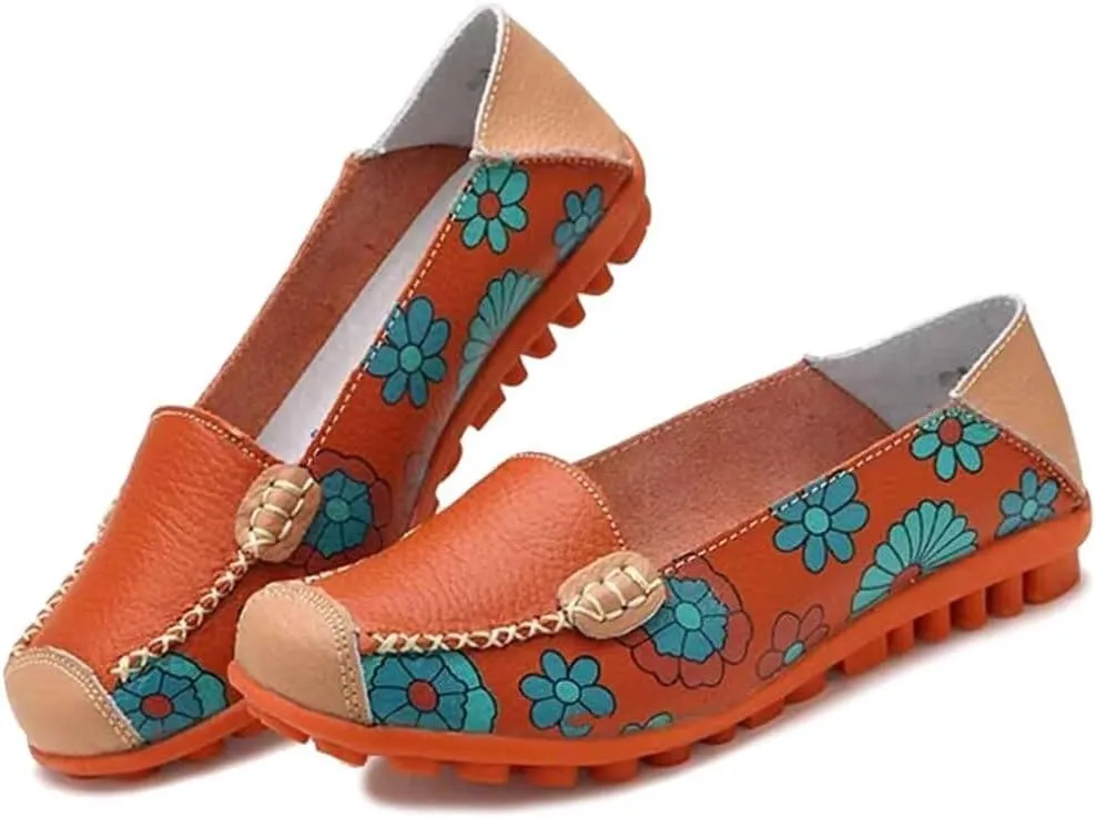 Women's Leather Floral Loafers Flats Shoes Slip-Ons