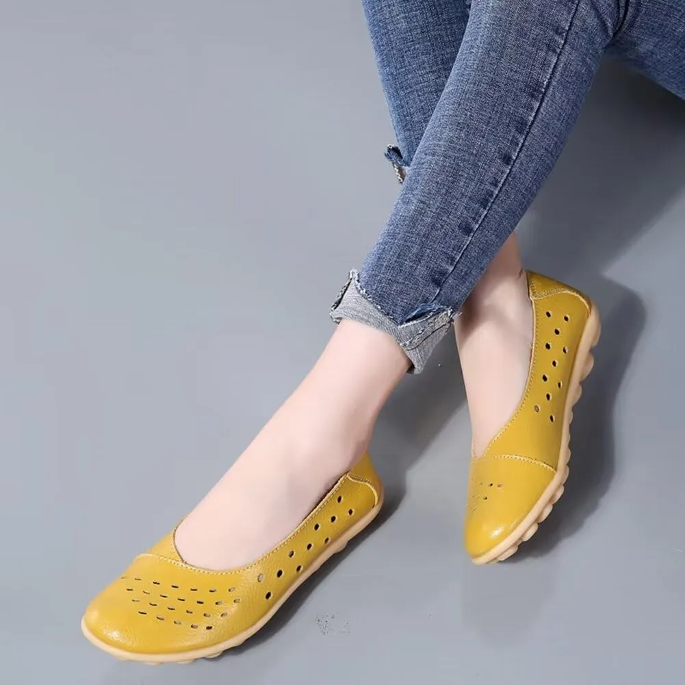 Women's Leather Shoes Loafers Slip-Ons Flats Casual Walking Driving Breathable Cutout