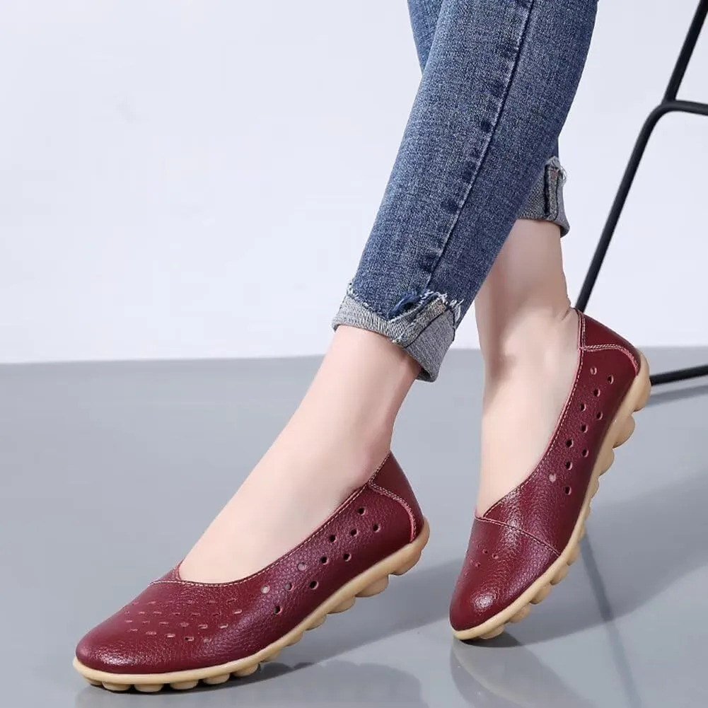 Women's Leather Shoes Loafers Slip-Ons Flats Casual Walking Driving Breathable Cutout