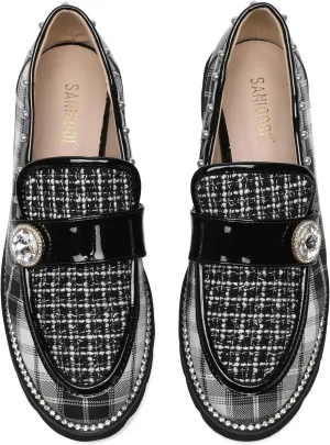 Women's Plaid Lug Sole Penny Loafers,Ladies Sparkly Rhinestones Pearl Trendy Low Heel Slip on Dressy Holiday Shoe Round Toe Comfort Party Evening Glitter Memory Foam Shoe